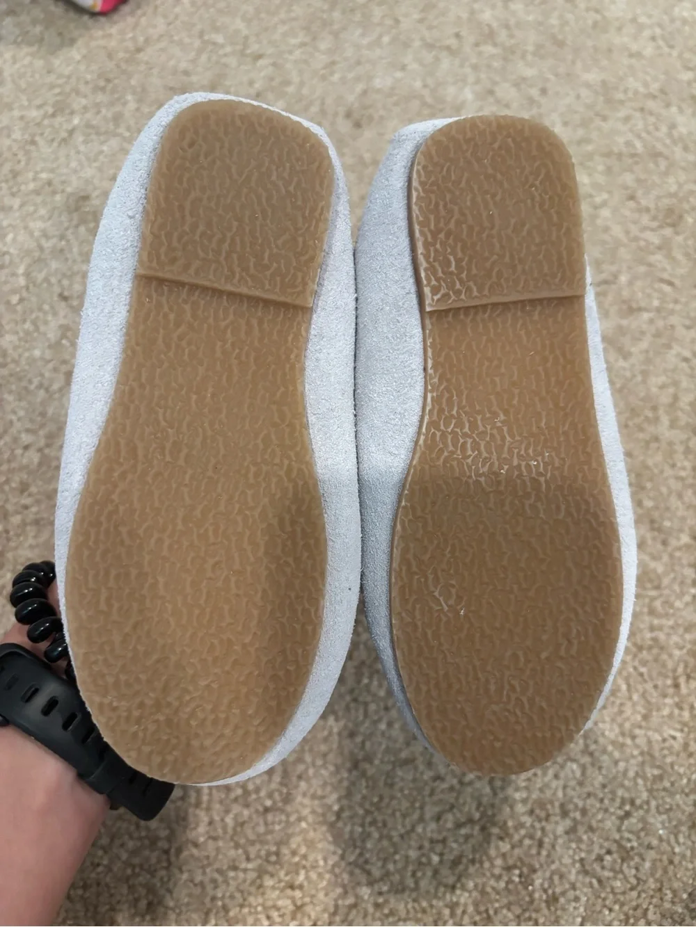 L'Amour Light Gray Suede Moccasins with Black Ribbon